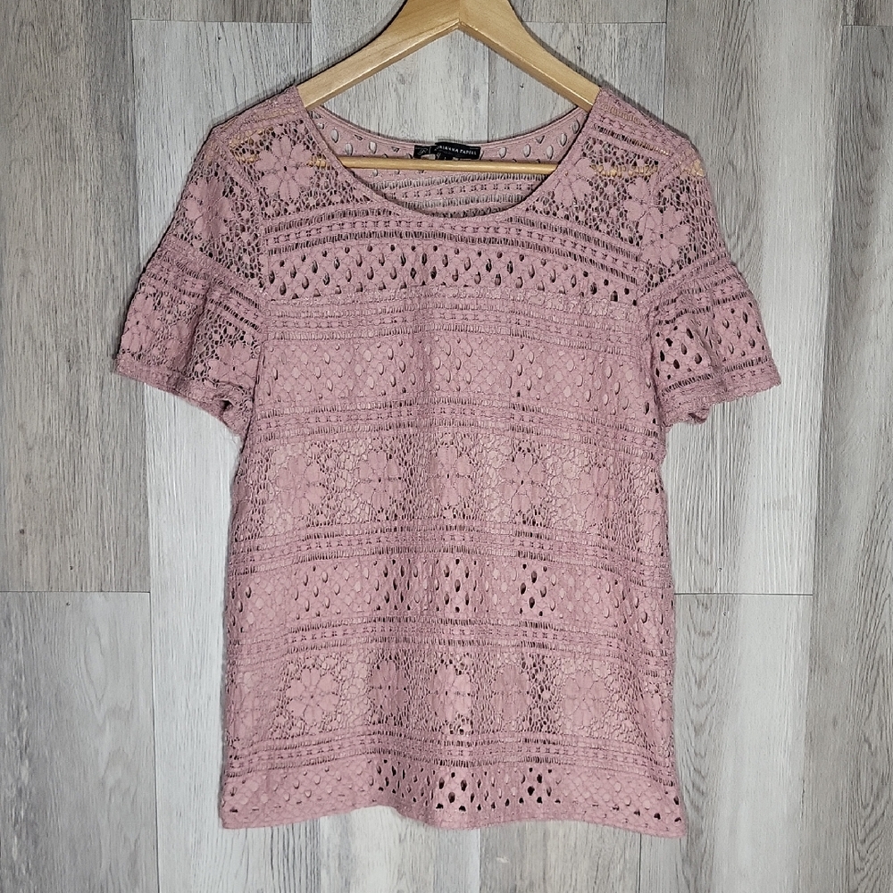 Adrianna Papell Womens Large Pink Crochet‎ Lace Blouse Lined Floral